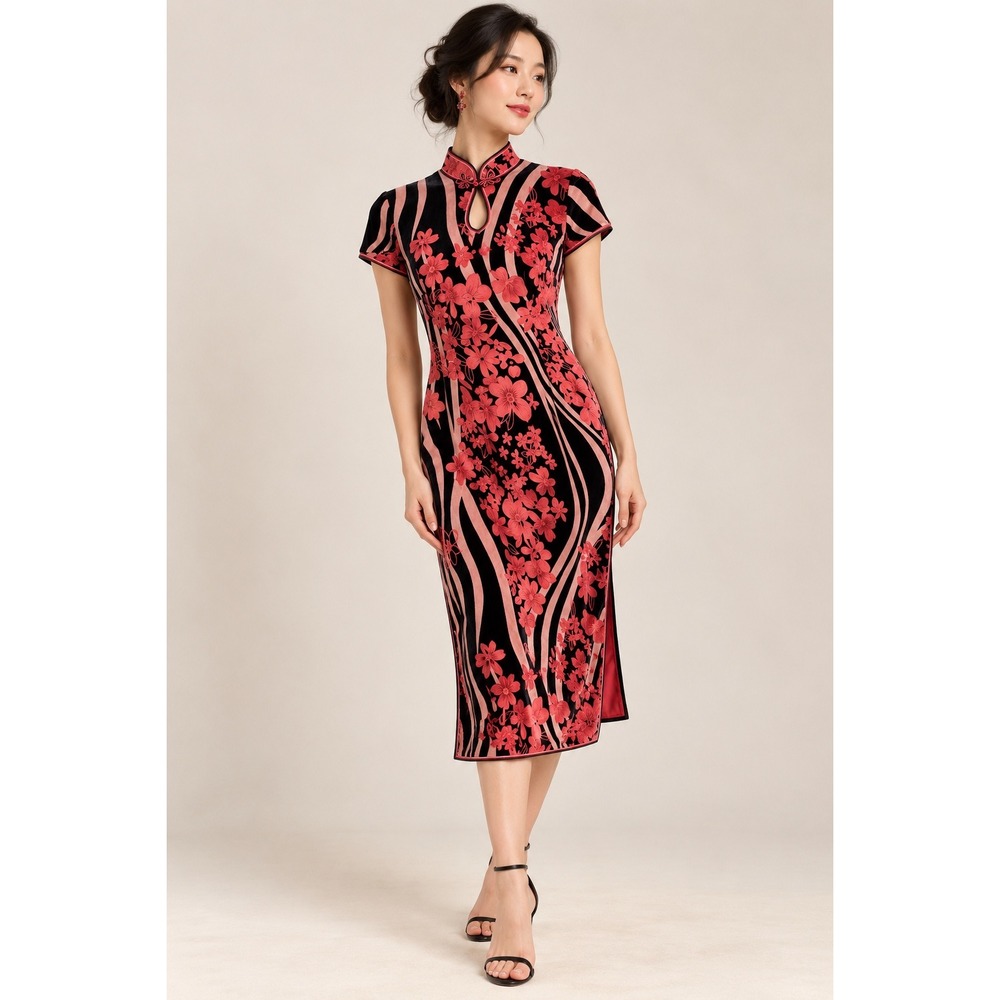 NWT Yinglong Qipao Cheongsam Frog Closure Floral Mulberry Silk Black Pink 4/6